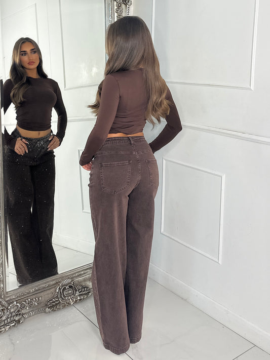 Asymmetric Waist Ombre Diamante Detail Wide Leg Jeans - Brown