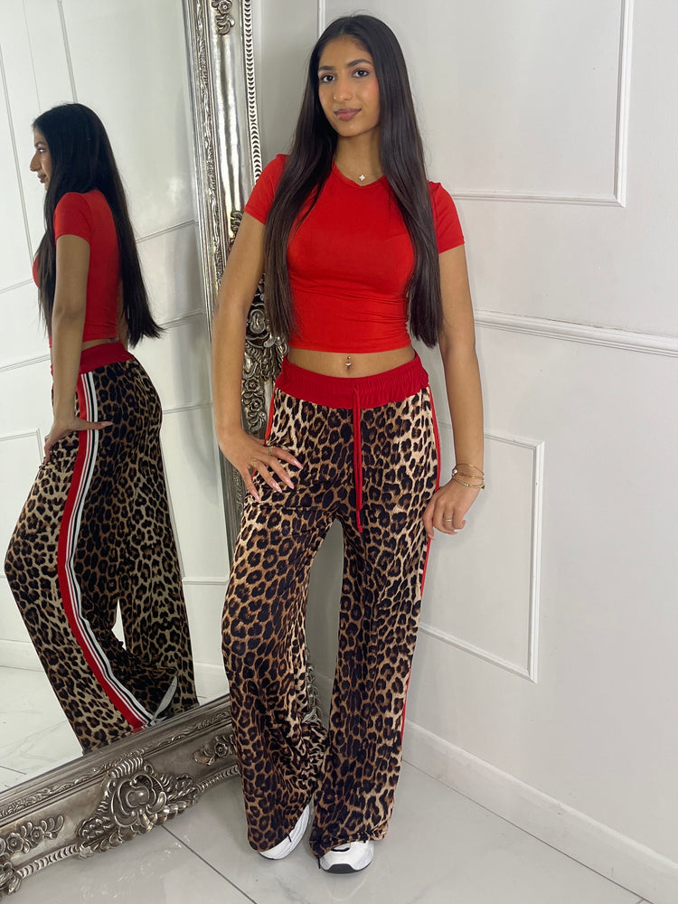 Leopard Print Wide Leg Side Stripe Trousers