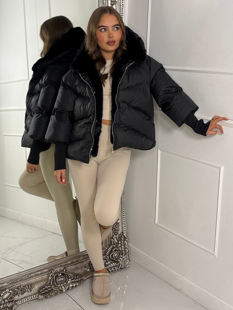 Hooded Puffer Coat With Faux Fur Trim - Black