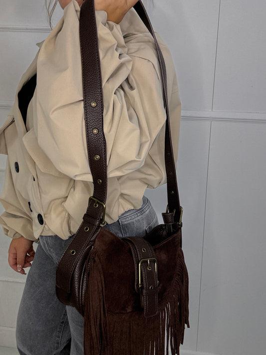 Suede Tassel Leather Strap Detail Shoulder Bag - Brown