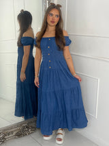 Button Detail Denim Maxi Dress - Blue