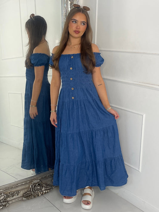 Button Detail Denim Maxi Dress - Blue