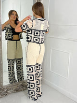 Patterned Crochet Skirt & Flared Pants Co ord - Beige / Black