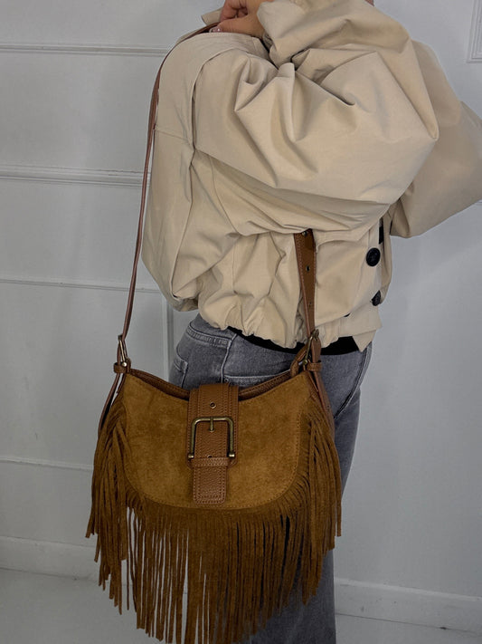 Suede Tassel Leather Strap Detail Shoulder Bag - Tan
