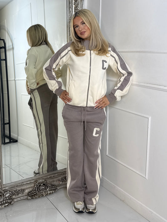 Colour Block Contrast “C” Embroidery Tracksuit - Dove Grey/Cream