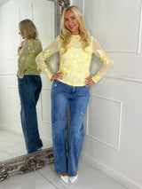 3D Flower Textured Mesh Long Sleeve Top - Yellow
