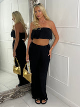 Pleated Bandeau & Wide Leg Pants Co-ord - Black