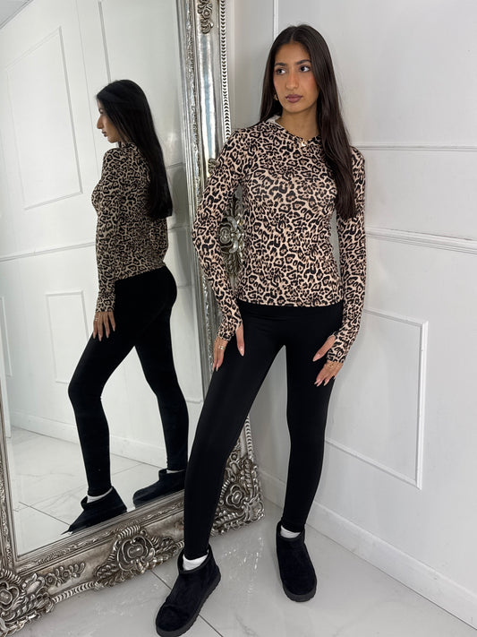 Long Sleeve Second Skin Hooded Top - Leopard Print