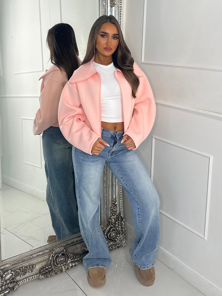 Zip Up Oversized Collar Jacket - Baby Pink