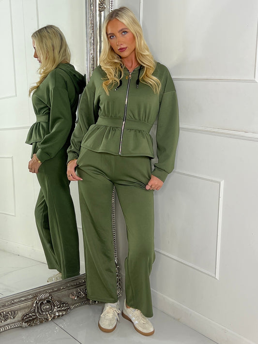 Straight Leg Trousers & Sinch Waist Detail Hoodie Co Ord - Khaki