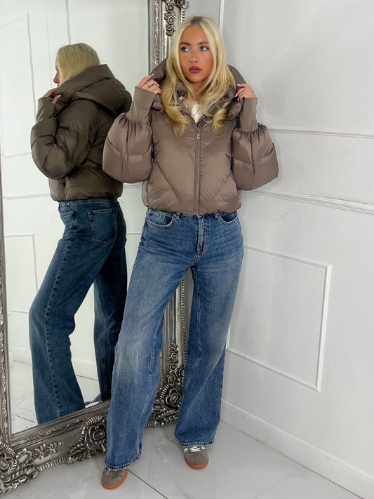 Puffer Coat With Detachable Hood - Taupe