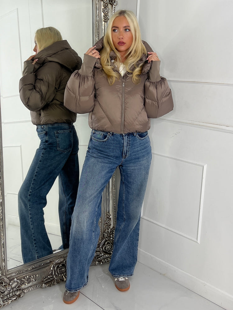 Puffer Coat With Detachable Hood - Taupe