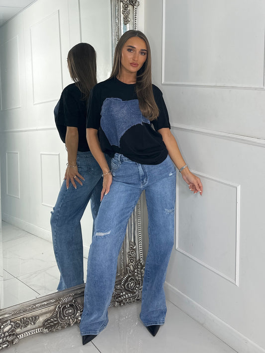 Blue Denim Print Oversized T-shirt - Black