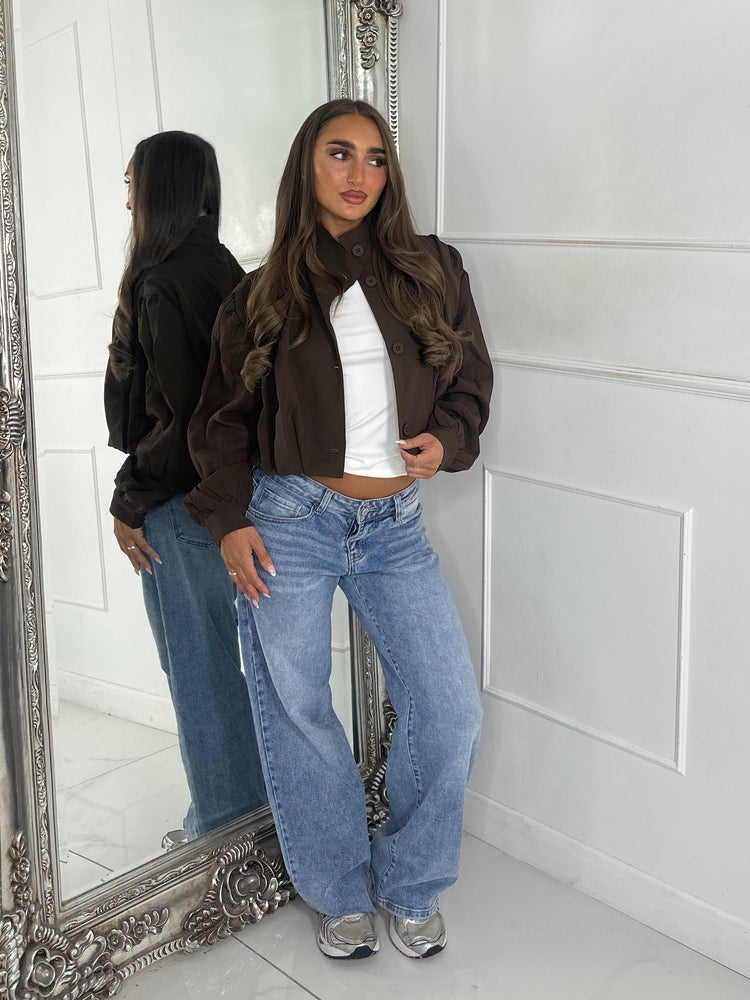 Mila Cropped Balloon Sleeve Jacket - Brown