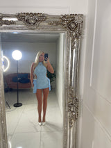 Lace Bow Side Cut Out Detail Playsuit - Baby Blue