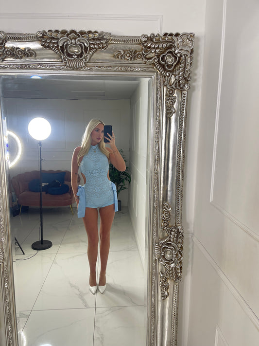 Lace Bow Side Cut Out Detail Playsuit - Baby Blue