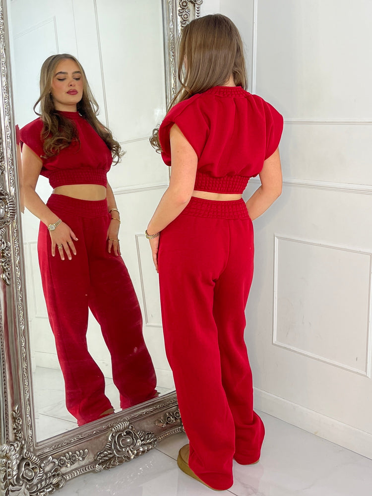 Padded Shoulder Top & Wide Leg Pants Tracksuit - Red