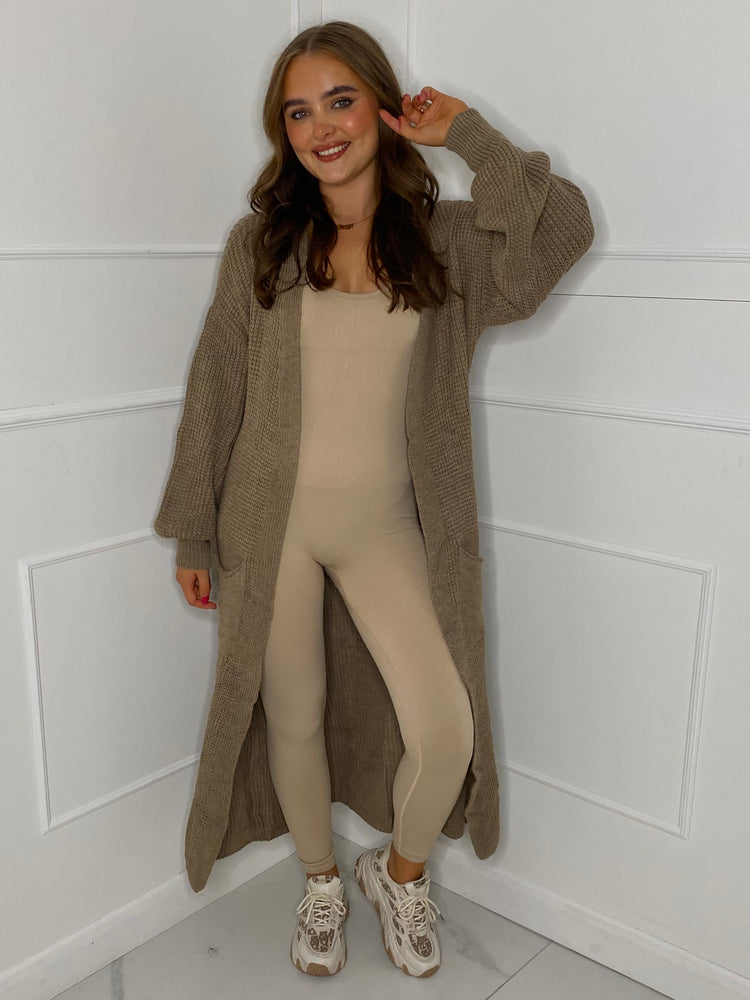 Balloon Sleeve Long Knitted Cardigan - Light Brown