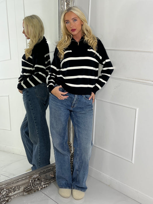 1/4 Zip Striped Jumper - Black / Cream