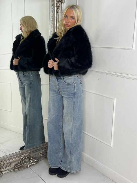 Cropped Collared Faux Fur Jacket - Black