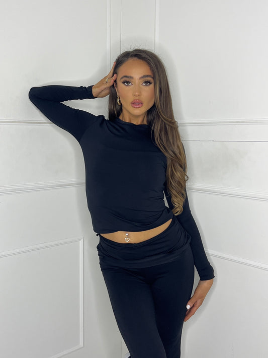 Long Sleeve Round Neck Top & Flares Co-Ord Second Skin - Black