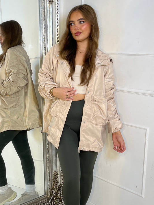 Long Ruched Sleeve Windbreaker Jacket - Cream