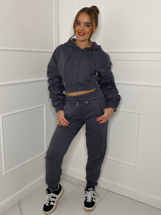 Cropped Ruched Sleeve Hoodie & Jogger Tracksuit - Charcoal Grey