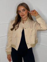Cropped Pocket Detail Bomber Jacket -Beige