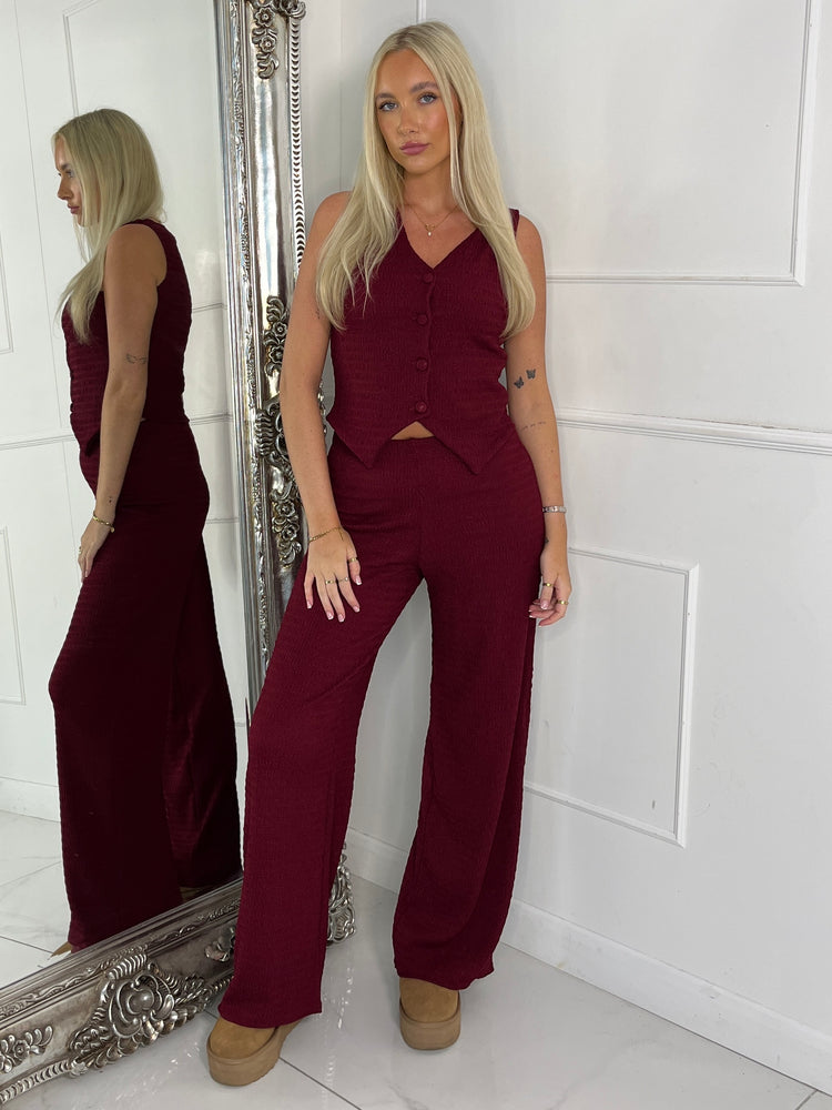 Button Up Detail Textured Waistcoat & Flares Set - Wine