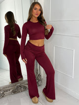 Long Sleeve Top & Fold Over Flared Co-ord - Wine