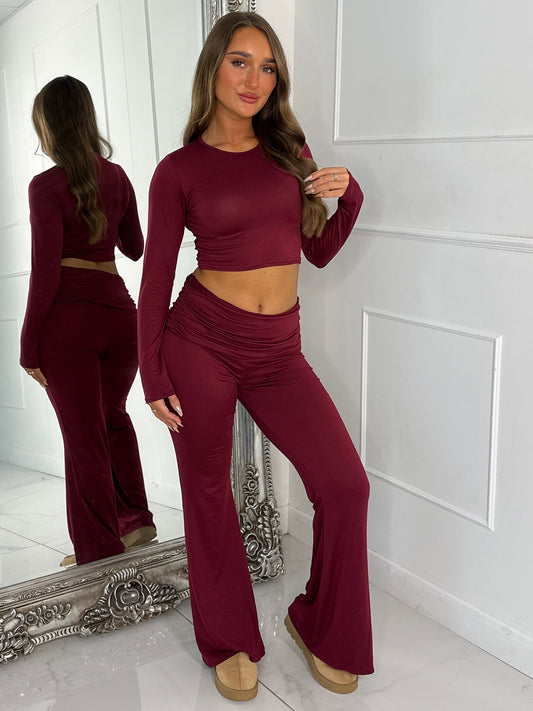 Slinky Long Sleeve Top & Fold Over Flared Co-ord - Wine