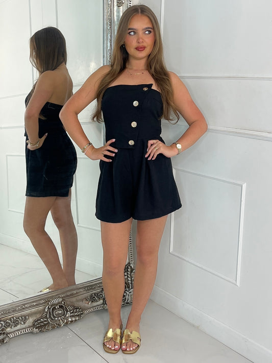 Fold Over Gold Button Playsuit - Black