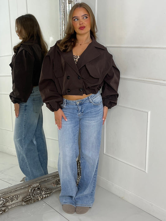 Crop Balloon Sleeve Trench Jacket - Chocolate