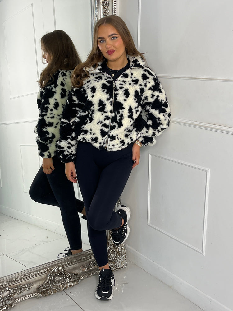 Smudge Print Zip Up Fleece Teddy Jacket - Black/White
