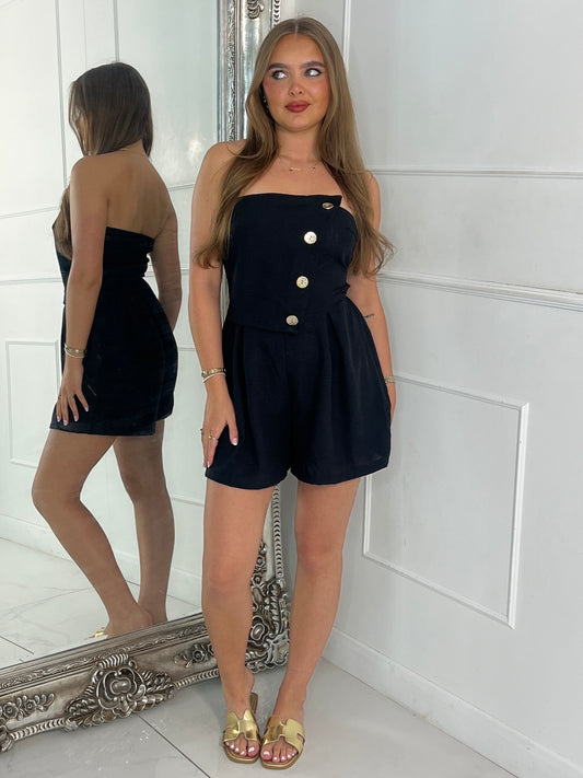 Fold Over Gold Button Playsuit - Black