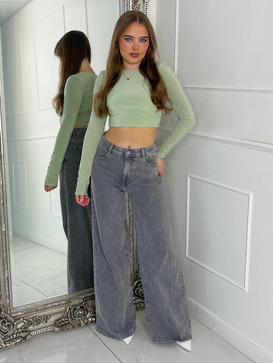 Padded Shoulder Long Sleeve Crop Top  - Sage Green