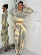 Ribbed Button Up Cinch Waist Co-Ord - Yellow Stripe