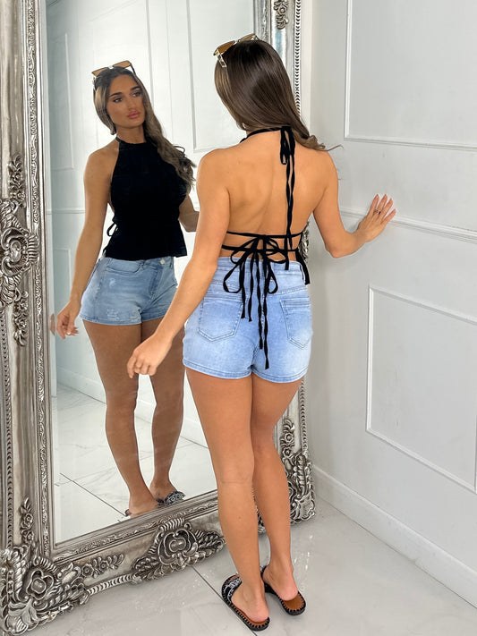 Halter neck tie back chiffon top - Black