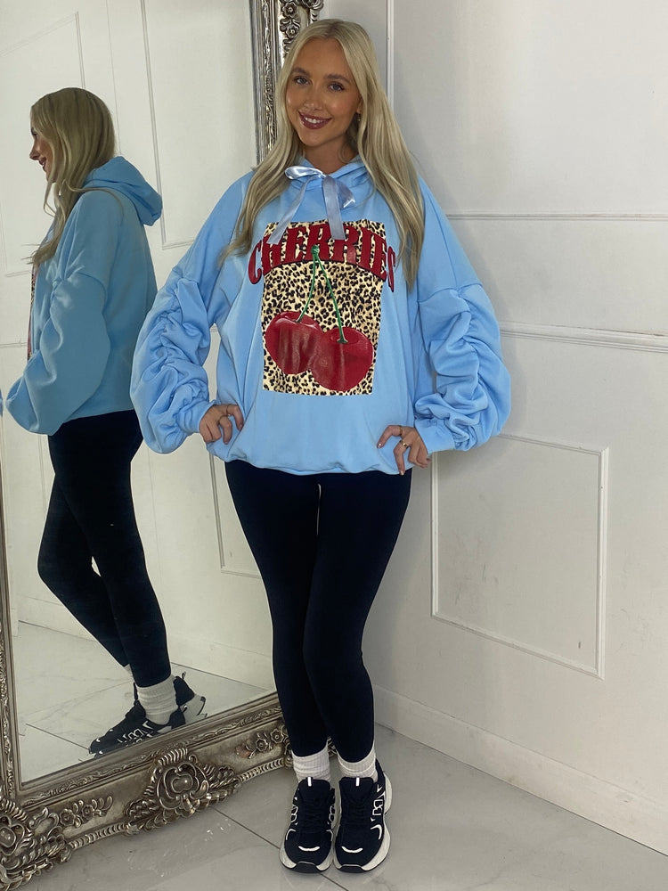 Leopard Box Cherries Print Ruche Sleeve Hoodie - Baby Blue