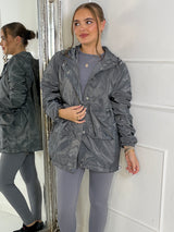 Long Ruched Sleeve Windbreaker Jacket - Charcoal Grey