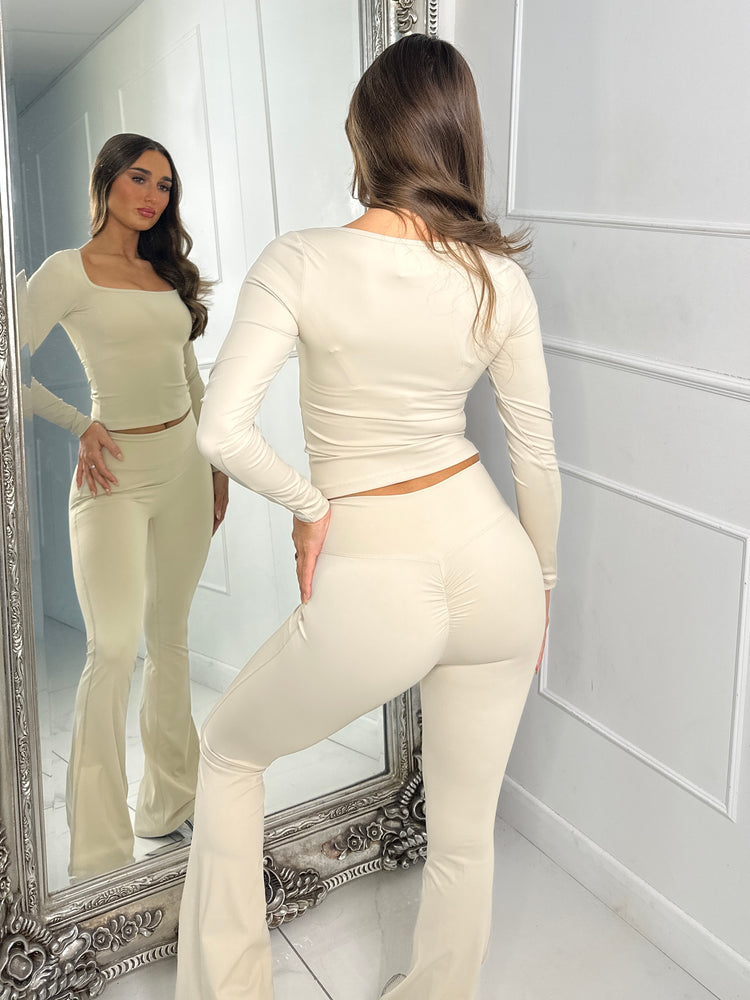 Square Neck Long Sleeve Top & Sculpt Ruched Bum Flares Co-ord - Cream