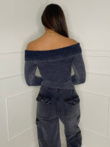 Thick Knit Fold Over Asymmetric Top - Grey