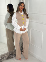3 Piece Knitted Waistcoat & Shirt Set - Beige