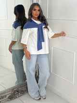 Tennis Style Oversized Tee with Overlay Detail - White/Blue
