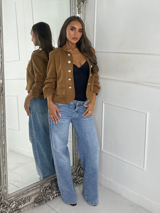 Lola Gold Button Faux Suede Tailored Jacket - Tan