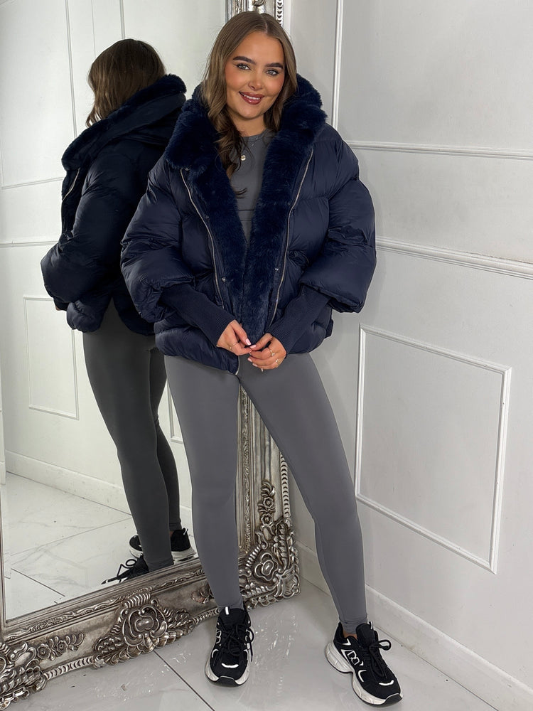 Hooded Puffer Coat With Faux Fur Trim - Navy Blue
