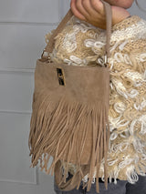 Small Suede Full Tassel Gold Lock Detail Shoulder Bag - Beige