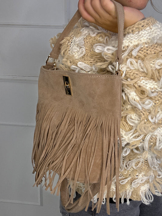 Small Suede Full Tassel Gold Lock Detail Shoulder Bag - Beige