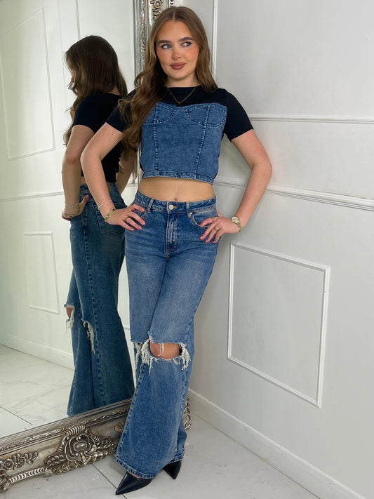 Blue Denim Corset Contrast Crop Tshirt - Black