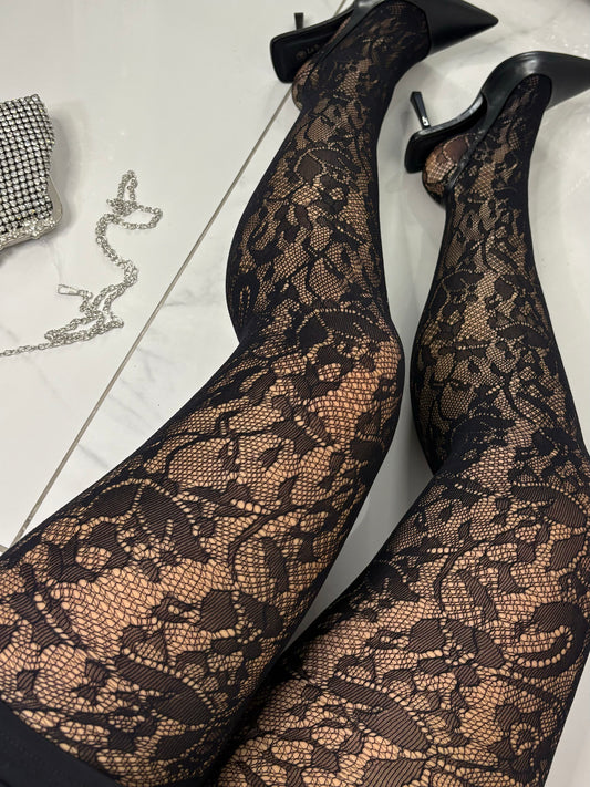 Lace Floral Pattern Tights - Black